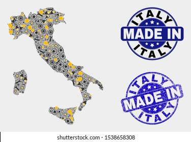 Mosaic gear Italy map and blue Made In scratched stamp. Vector geographic abstraction model for workshop, or political illustrations. Mosaic of Italy map combined of random cogwheel, wrenches,