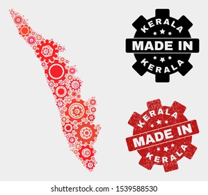 Mosaic gear Kerala State map and scratched stamp. Vector geographic abstraction in red colors. Mosaic of Kerala State map combined of random gear elements. Red colored model for technical,