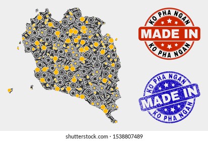 Mosaic gear Ko Pha Ngan map and blue Made In textured stamp. Vector geographic abstraction model for workshop, or patriotic illustrations. Mosaic of Ko Pha Ngan map composed from scattered cogs,