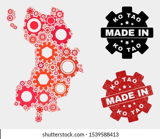 Mosaic gear Ko Tao map and textured seal. Vector geographic abstraction in red colors. Mosaic of Ko Tao map combined of random gear items. Red colored model for service, or political purposes.