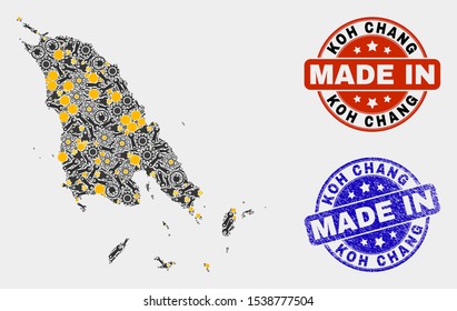 Mosaic gear Koh Chang map and blue Made In textured stamp. Vector geographic abstraction model for service, or patriotic purposes. Mosaic of Koh Chang map combined of scattered wheel, spanners,