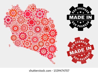 Mosaic gear Koh Phangan map and textured seal. Vector geographic abstraction in red colors. Mosaic of Koh Phangan map combined of scattered cogwheel elements. Red colored model for service,