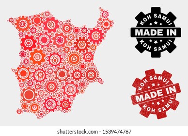 Mosaic gear Koh Samui map and textured seal. Vector geographic abstraction in red colors. Mosaic of Koh Samui map composed from random gear elements. Red colored model for service,
