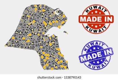 Mosaic gear Kuwait map and blue Made In scratched stamp. Vector geographic abstraction model for industrial, or patriotic posters. Mosaic of Kuwait map combined of scattered gears, wrenches, lamps,