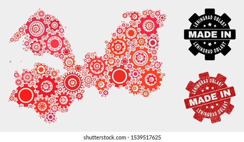Mosaic gear Leningrad Region map and scratched stamp. Vector geographic abstraction in red colors. Mosaic of Leningrad Region map combined of random gear elements. Red colored model for mechanic,