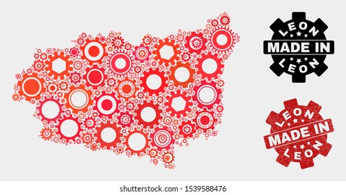 Mosaic gear Leon Province map and grunge stamp. Vector geographic abstraction in red colors. Mosaic of Leon Province map combined of random cog items. Red colored model for technical,