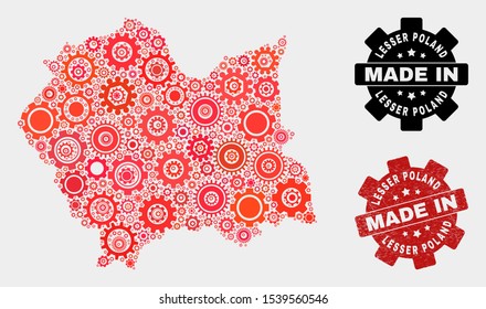 Mosaic gear Lesser Poland Voivodeship map and textured seal. Vector geographic abstraction in red colors. Mosaic of Lesser Poland Voivodeship map combined of random cog elements.