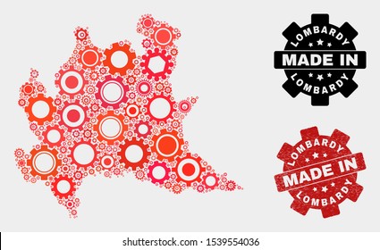 Mosaic gear Lombardy region map and textured stamp. Vector geographic abstraction in red colors. Mosaic of Lombardy region map combined of random gear elements. Red colored model for service,