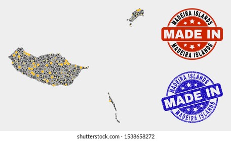 Mosaic gear Madeira Islands map and blue Made In grunge seal. Vector geographic abstraction model for service, or political illustrations. Mosaic of Madeira Islands map designed from scattered wheel,