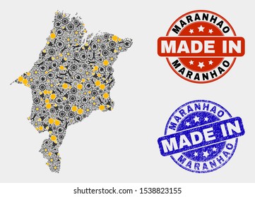 Mosaic gear Maranhao State map and blue Made In textured stamp. Vector geographic abstraction model for service, or patriotic posters. Mosaic of Maranhao State map designed from random gearwheels,