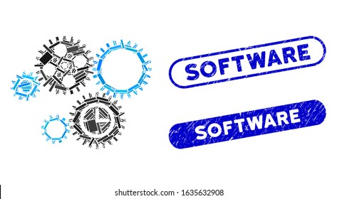 Mosaic gear mechanism and corroded stamp watermarks with Software text. Mosaic vector gear mechanism is created with random rectangle items. Software stamp seals use blue color,