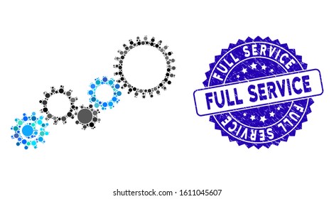 Mosaic gear mechanism icon and rubber stamp seal with Full Service text. Mosaic vector is composed with gear mechanism icon and with randomized circle items. Full Service stamp uses blue color,