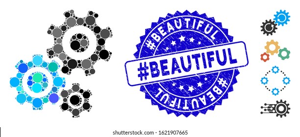 Mosaic gear mechanism icon and rubber stamp seal with #Beautiful caption. Mosaic vector is designed with gear mechanism pictogram and with randomized round spots.