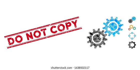 Mosaic gear mechanism rotation pictogram and red Do Not Copy stamp between double parallel lines. Flat vector gear mechanism rotation mosaic icon of random rotated rectangle items.