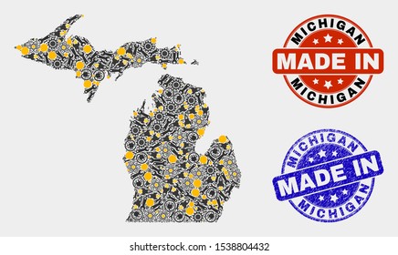 Mosaic gear Michigan State map and blue Made In grunge stamp. Vector geographic abstraction model for mechanic, or patriotic templates. Mosaic of Michigan State map combined of scattered wheel,