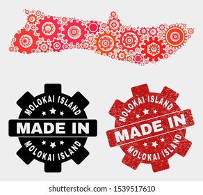 Mosaic gear Molokai Island map and grunge seal. Vector geographic abstraction in red colors. Mosaic of Molokai Island map combined of random gear elements. Red colored model for service,
