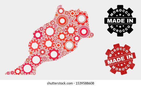 Mosaic gear Morocco map and textured stamp. Vector geographic abstraction in red colors. Mosaic of Morocco map designed from scattered gear elements. Red colored model for service,