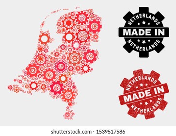 Mosaic gear Netherlands map and textured seal. Vector geographic abstraction in red colors. Mosaic of Netherlands map combined of random gear items. Red colored model for industrial,