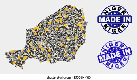 Mosaic gear Niger map and blue Made In textured stamp. Vector geographic abstraction model for workshop, or political illustrations. Mosaic of Niger map combined of scattered cogs, wrenches, lamps,