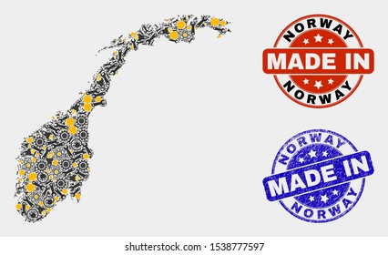 Mosaic gear Norway map and blue Made In scratched stamp. Vector geographic abstraction model for industrial, or political templates. Mosaic of Norway map combined of scattered cogs, wrenches, lamps,