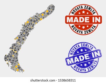 Mosaic gear Novaya Zemlya Islands map and blue Made In scratched seal. Vector geographic abstraction model for service, or patriotic illustrations.