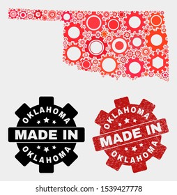 Mosaic gear Oklahoma State map and textured stamp. Vector geographic abstraction in red colors. Mosaic of Oklahoma State map combined of random cogwheel elements. Red colored model for industrial,