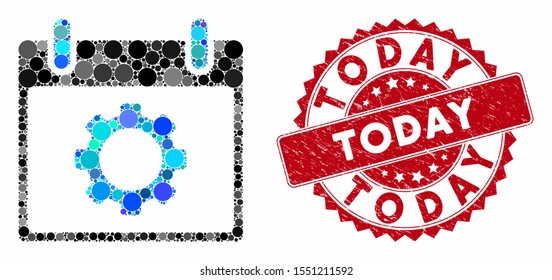 Mosaic gear options calendar day and grunge stamp seal with Today phrase. Mosaic vector is created with gear options calendar day icon and with scattered spheric items. Today seal uses red color,