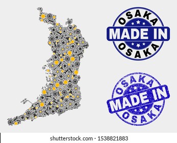 Mosaic gear Osaka Prefecture map and blue Made In textured seal. Vector geographic abstraction model for workshop, or political purposes.