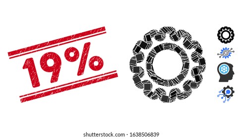 Mosaic gear pictogram and red 19% rubber print between double parallel lines. Flat vector gear mosaic pictogram of random rotated rectangular elements. Red 19% rubber stamp with rubber surface.