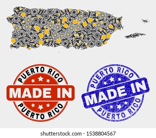 Mosaic gear Puerto Rico map and blue Made In grunge stamp. Vector geographic abstraction model for service, or patriotic purposes. Mosaic of Puerto Rico map combined of random gears, spanners, lamps,