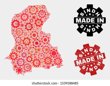 Mosaic gear Sindh Province map and textured seal. Vector geographic abstraction in red colors. Mosaic of Sindh Province map composed from scattered gear items. Red colored model for industrial,
