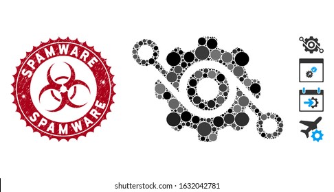 Mosaic gear solution icon and distressed stamp seal with Spamware caption and biohazard symbol. Mosaic vector is created with gear solution icon and with randomized round elements.