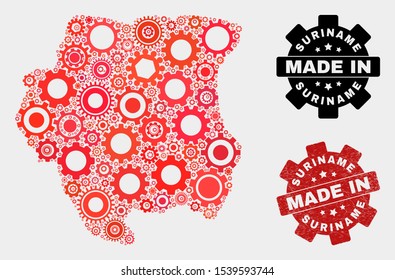 Mosaic gear Suriname map and grunge stamp. Vector geographic abstraction in red colors. Mosaic of Suriname map designed from random gear elements. Red colored model for industrial,