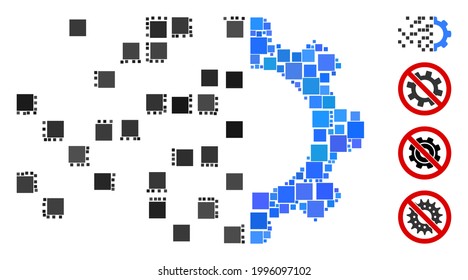 Mosaic Gear synthesis icon united from square items in random sizes and color hues. Vector square items are united into abstract illustration gear synthesis icon. Bonus pictograms are placed.
