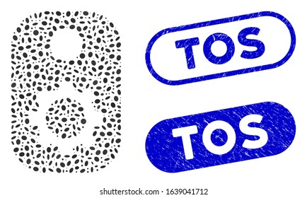 Mosaic gear tag and corroded stamp seals with Tos caption. Mosaic vector gear tag is created with scattered ellipse items. Tos stamp seals use blue color, and have round rectangle shape.