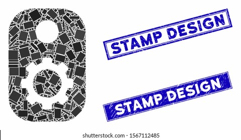 Mosaic gear tag icon and rectangle rubber prints. Flat vector gear tag mosaic icon of random rotated rectangle elements. Blue caption rubber stamps with dirty surface.