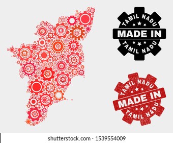 Mosaic gear Tamil Nadu State map and scratched stamp. Vector geographic abstraction in red colors. Mosaic of Tamil Nadu State map combined of random gear elements. Red colored model for industrial,
