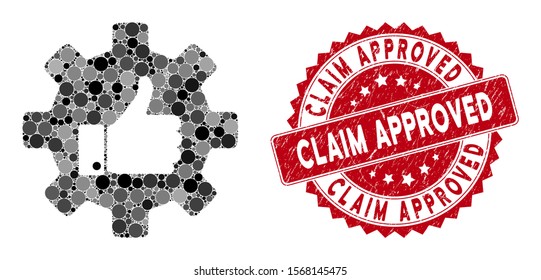 Mosaic gear thumb up and distressed stamp watermark with Claim Approved phrase. Mosaic vector is created with gear thumb up icon and with random circle elements. Claim Approved stamp uses red color,