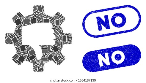 Mosaic gear thumb down and corroded stamp watermarks with No phrase. Mosaic vector gear thumb down is composed with randomized rectangles. No stamp seals use blue color,