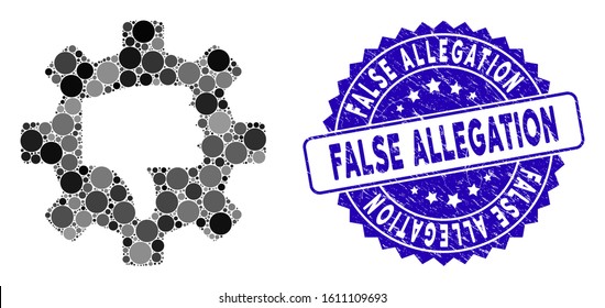 Mosaic gear thumb down icon and corroded stamp seal with False Allegation text. Mosaic vector is composed with gear thumb down icon and with scattered round elements.