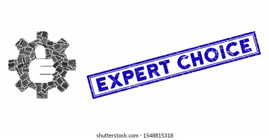 Mosaic gear thumb OK and rubber stamp seal with Expert Choice caption. Mosaic vector gear thumb OK is designed with random rectangles. Expert Choice stamp seal uses blue color.