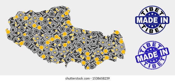 Mosaic gear Tibet map and blue Made In scratched stamp. Vector geographic abstraction model for mechanic, or political purposes. Mosaic of Tibet map combined of scattered gears, spanners, lamps,