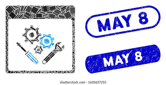 Mosaic gear tools calendar page and grunge stamp watermarks with May 8 text. Mosaic vector gear tools calendar page is composed with random rectangle items. May 8 stamp seals use blue color,