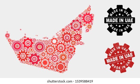 Mosaic gear United Arab Emirates map and grunge stamp. Vector geographic abstraction in red colors. Mosaic of United Arab Emirates map combined of scattered gear items. Red colored model for workshop,