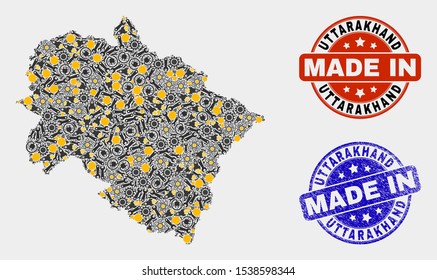 Mosaic gear Uttarakhand State map and blue Made In grunge seal. Vector geographic abstraction model for workshop, or patriotic illustrations.