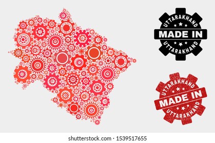 Mosaic gear Uttarakhand State map and grunge stamp. Vector geographic abstraction in red colors. Mosaic of Uttarakhand State map combined of random gearwheel items. Red colored model for workshop,