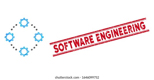 Mosaic gear virtual connection icon and red Software Engineering stamp between double parallel lines. Flat vector gear virtual connection mosaic icon of scattered rotated rectangular items.