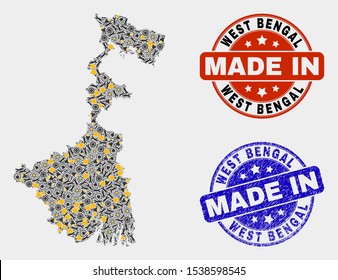 Mosaic gear West Bengal State map and blue Made In textured stamp. Vector geographic abstraction model for service, or political posters. Mosaic of West Bengal State map combined of random cogwheel,