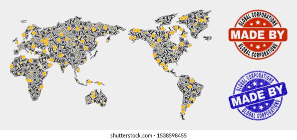 Mosaic gear World map and blue Made In scratched seal. Vector geographic abstraction model for mechanic, or political templates. Mosaic of World map combined of random cogwheel, wrenches,
