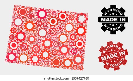Mosaic gear Wyoming State map and scratched stamp. Vector geographic abstraction in red colors. Mosaic of Wyoming State map combined of scattered gear elements. Red colored model for mechanic,